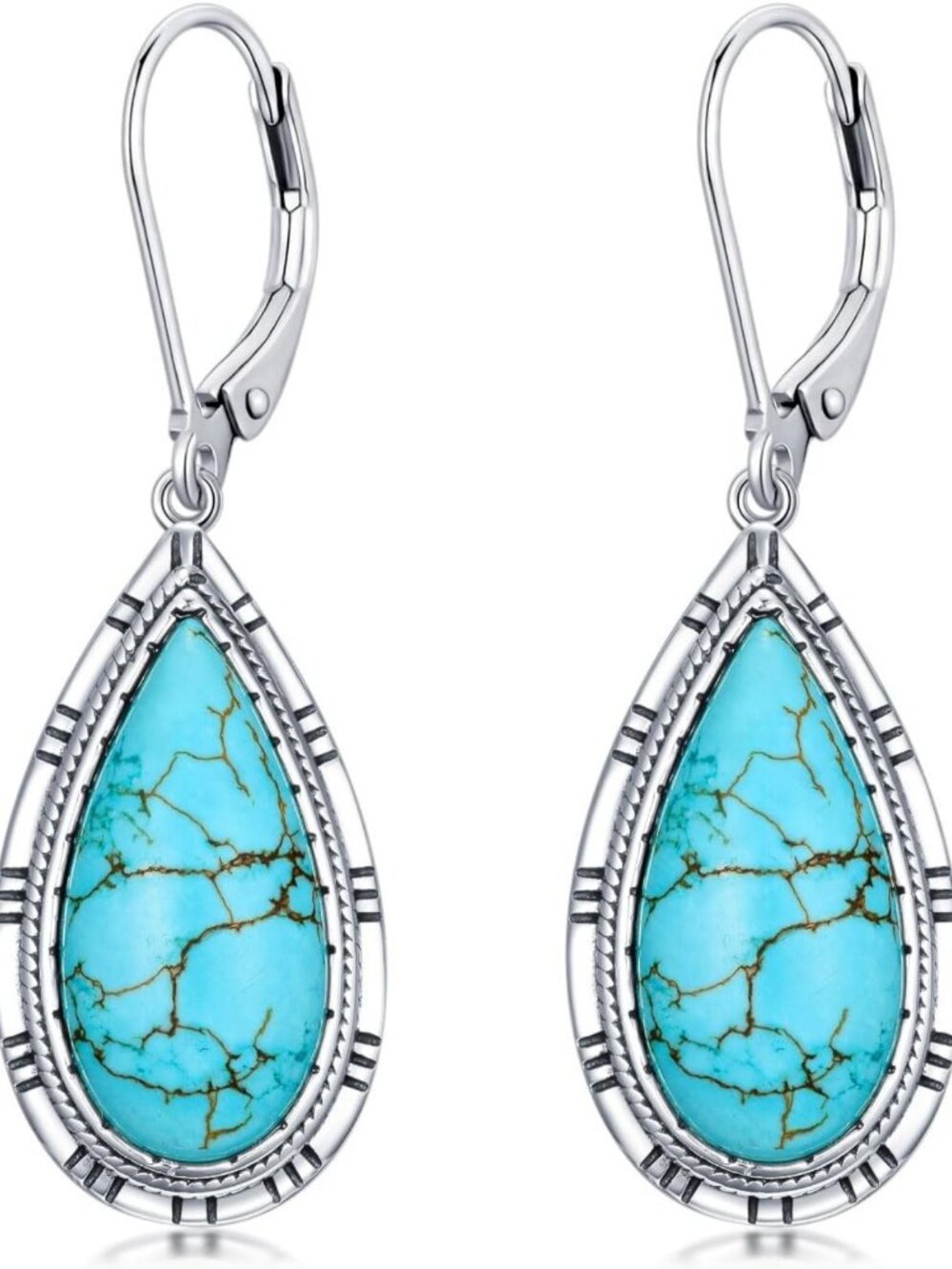 Turquoise Dangle Teardrop Earrings, Sterling Silver Vintage Western Gemstone